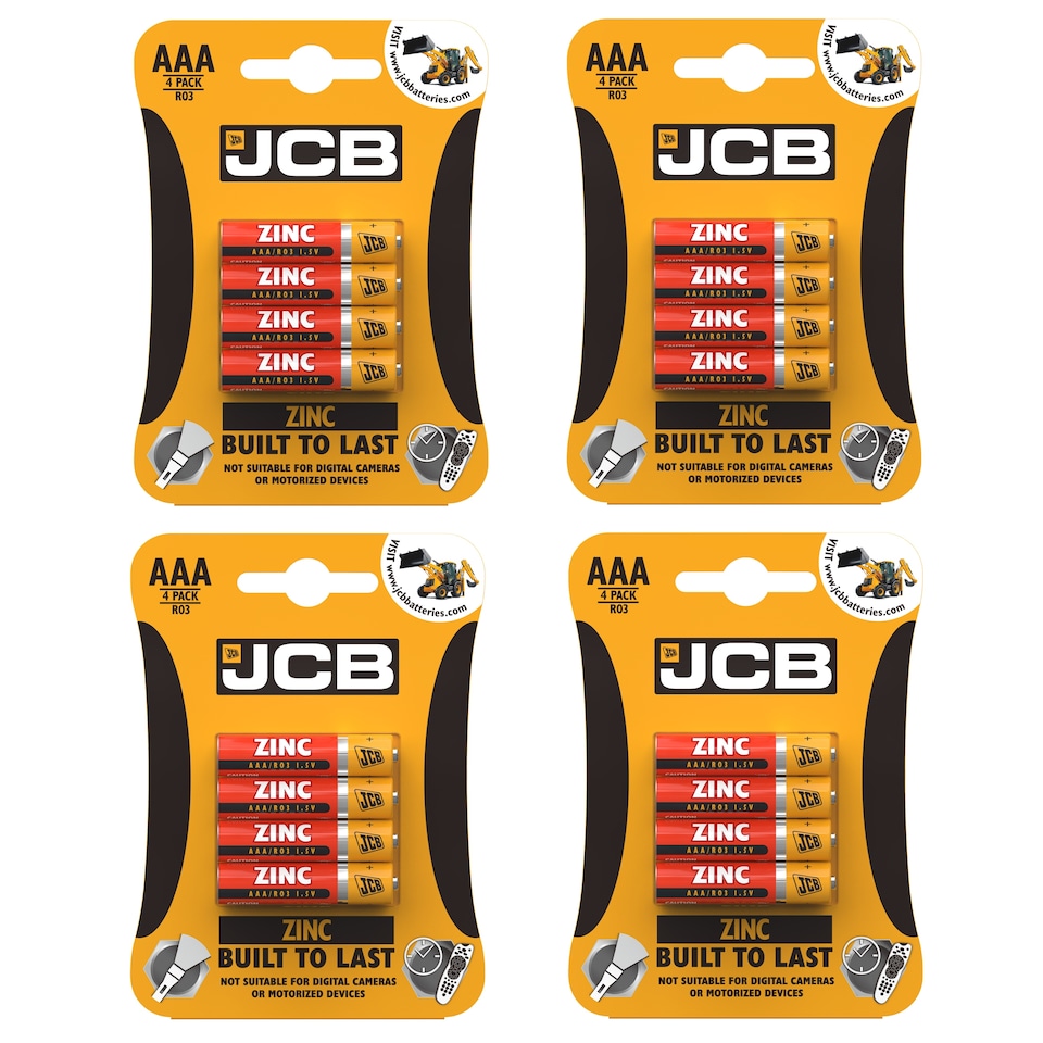 JCB AAA Zinc Carbon Batteries - Pack of 4 | Multi | AAA | 16