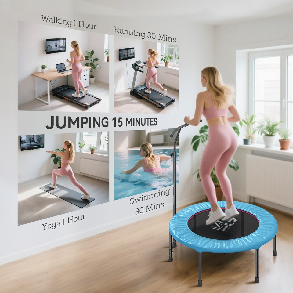 image 1 of HOMCOM Mini Trampoline, Rebounder Jumper with Adjustable Handle, Blue