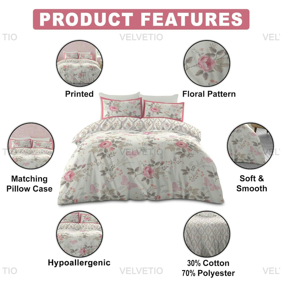 image 1 of VELVETIO Pandora Complete Duvet Cover Set with Fitted Sheet Printed Bedding Quilt Cream | King