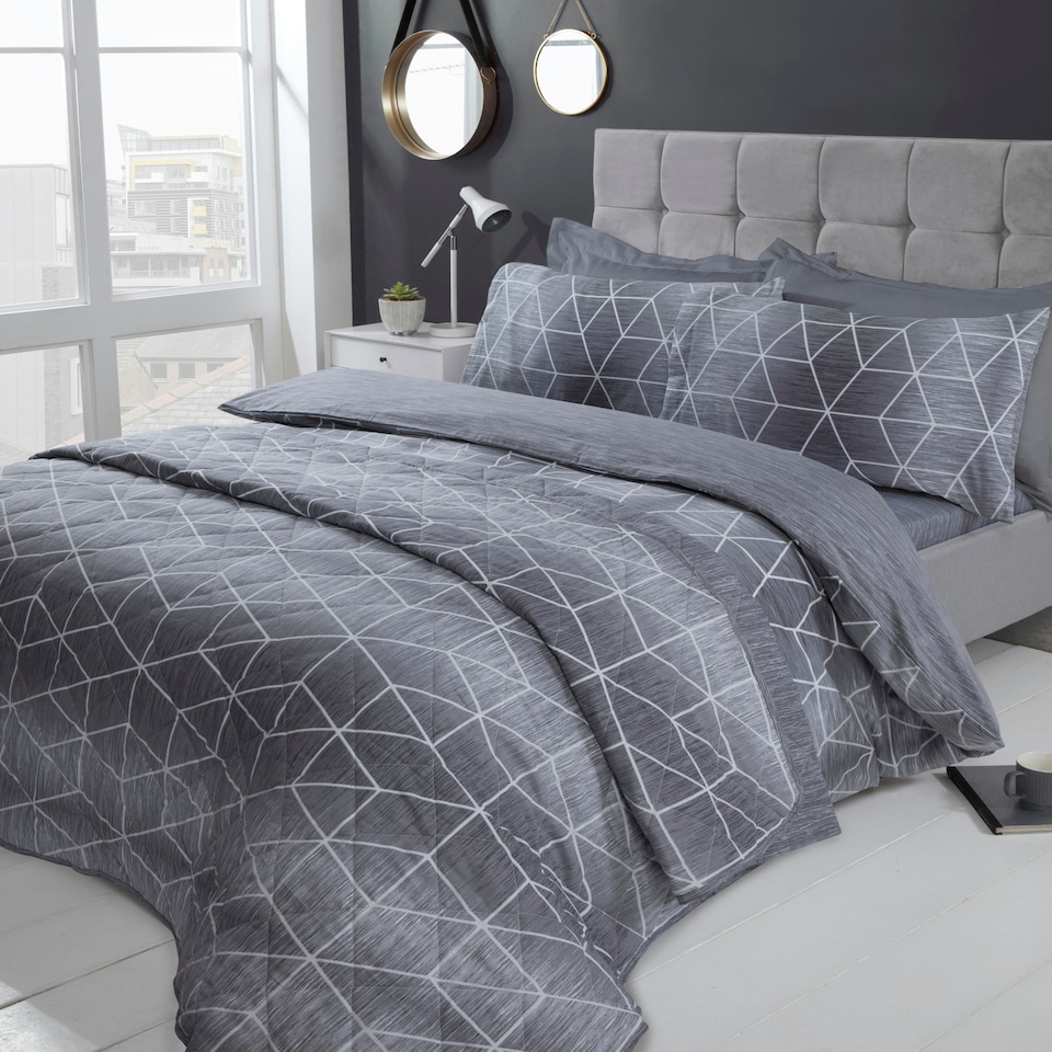 image 1 of Calvin Geometric Polycotton Duvet Cover Set with Pillowcase Grey | King
