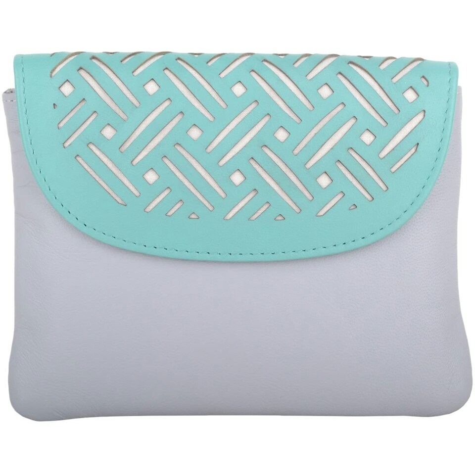 image 1 of Laser Cut Genuine Leather Credit Card Money Holder Wallet Purse Grey | Grey/Turquoise