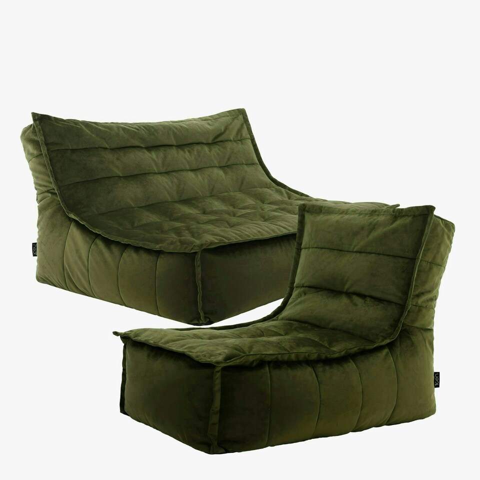 image 1 of icon Kota Velvet XL Bean Bag Sofa & Lounger Set Olive Green Bean Bag Chair Green