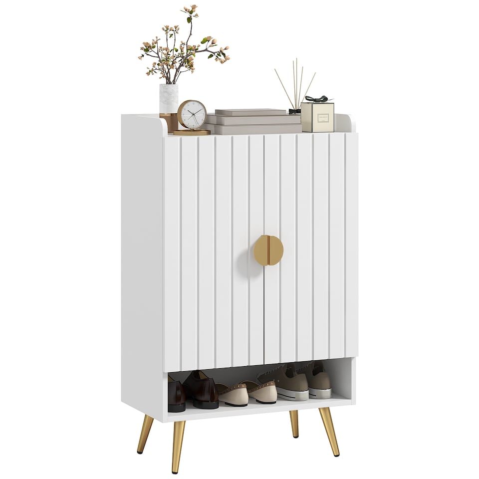 image 1 of HOMCOM Modern Shoe Cabinet with 2 Doors, Open Shelf and Adjustable Shelves, 15 Pair Hallway Shoe Cupboard, Entryway Storage Unit, White