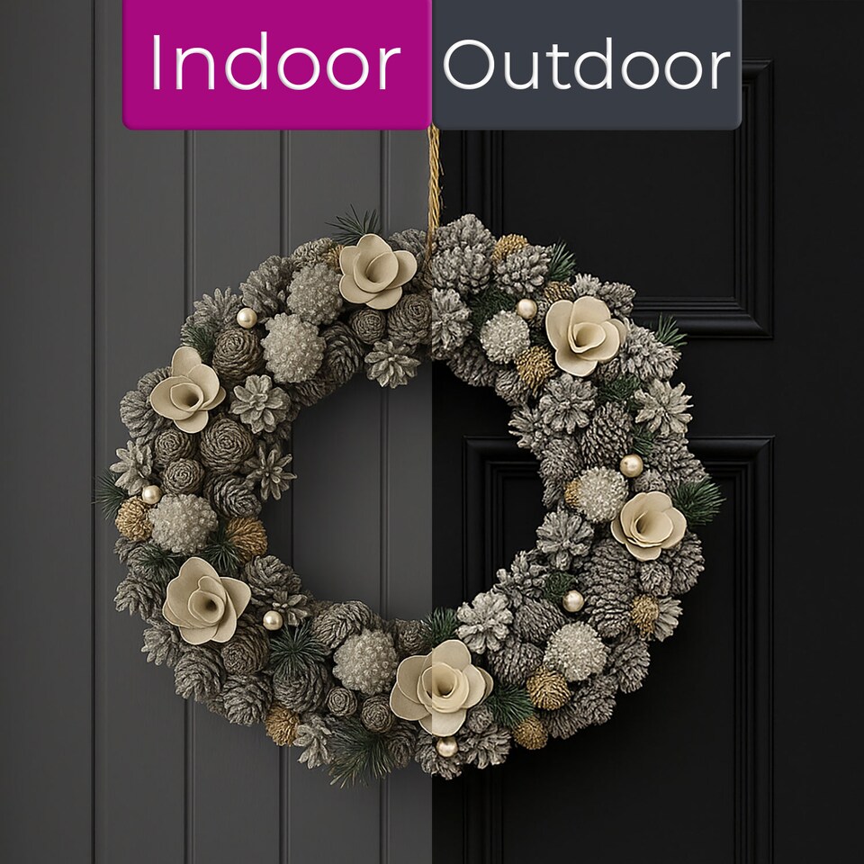 image 1 of eo Luxury Extra Large Frosted Pinecone Winter Wreath 50cm Home Artificial Christmas Festive Front Door Decoration | Grey | Frosted Grey