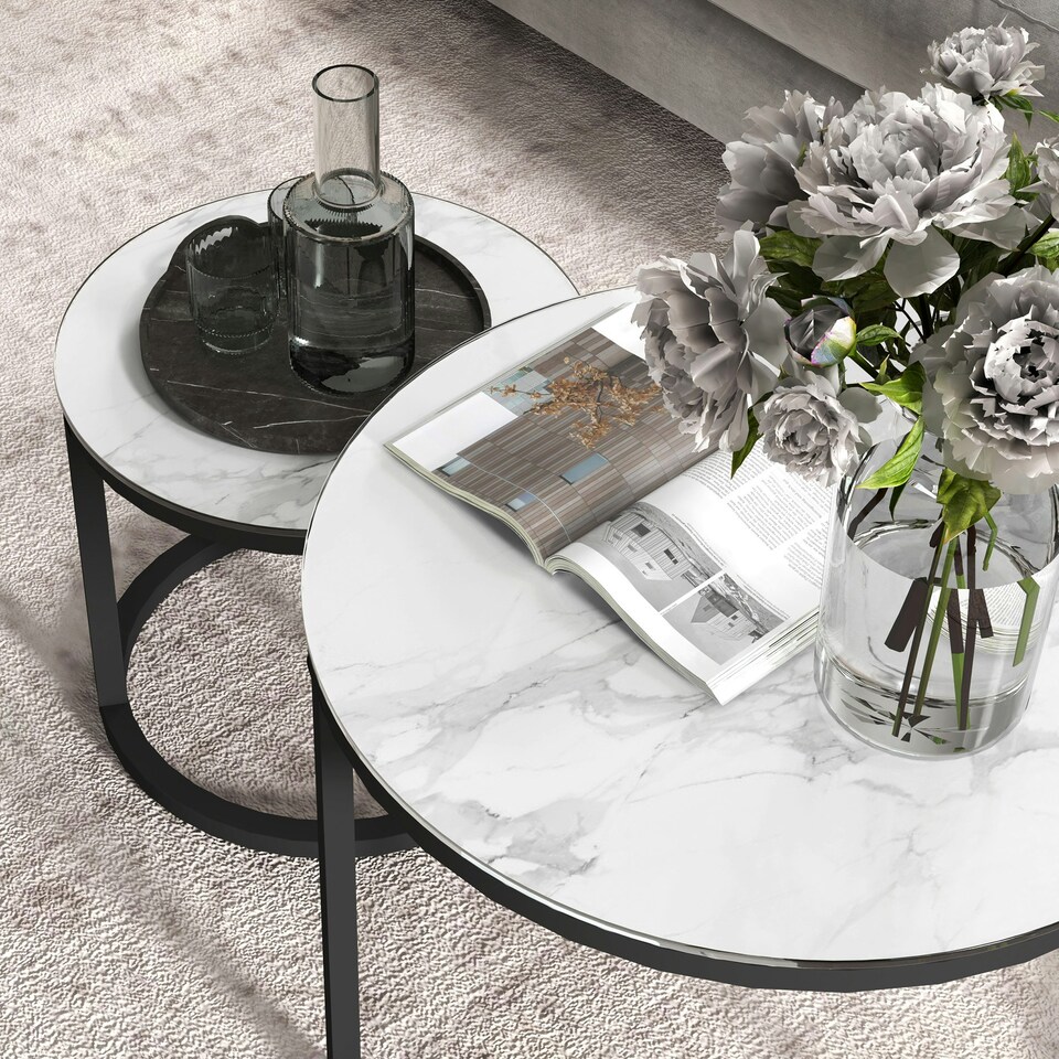 image 1 of HOMCOM Glass Coffee Table Set of 2, Round Nest of Tables, White