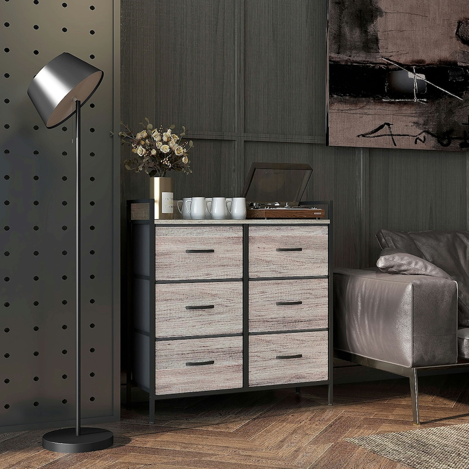 image 1 of HOMCOM Bedroom Chest of Drawers 6 Drawer Dresser w/ Shelf, Grey Wood Effect