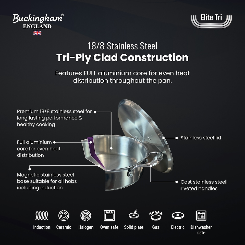 image 1 of Buckingham Elite Tri 18/8 Stainless Steel Sauteuse pan 24 cm / 9.5 in / 2.9 Litre.
