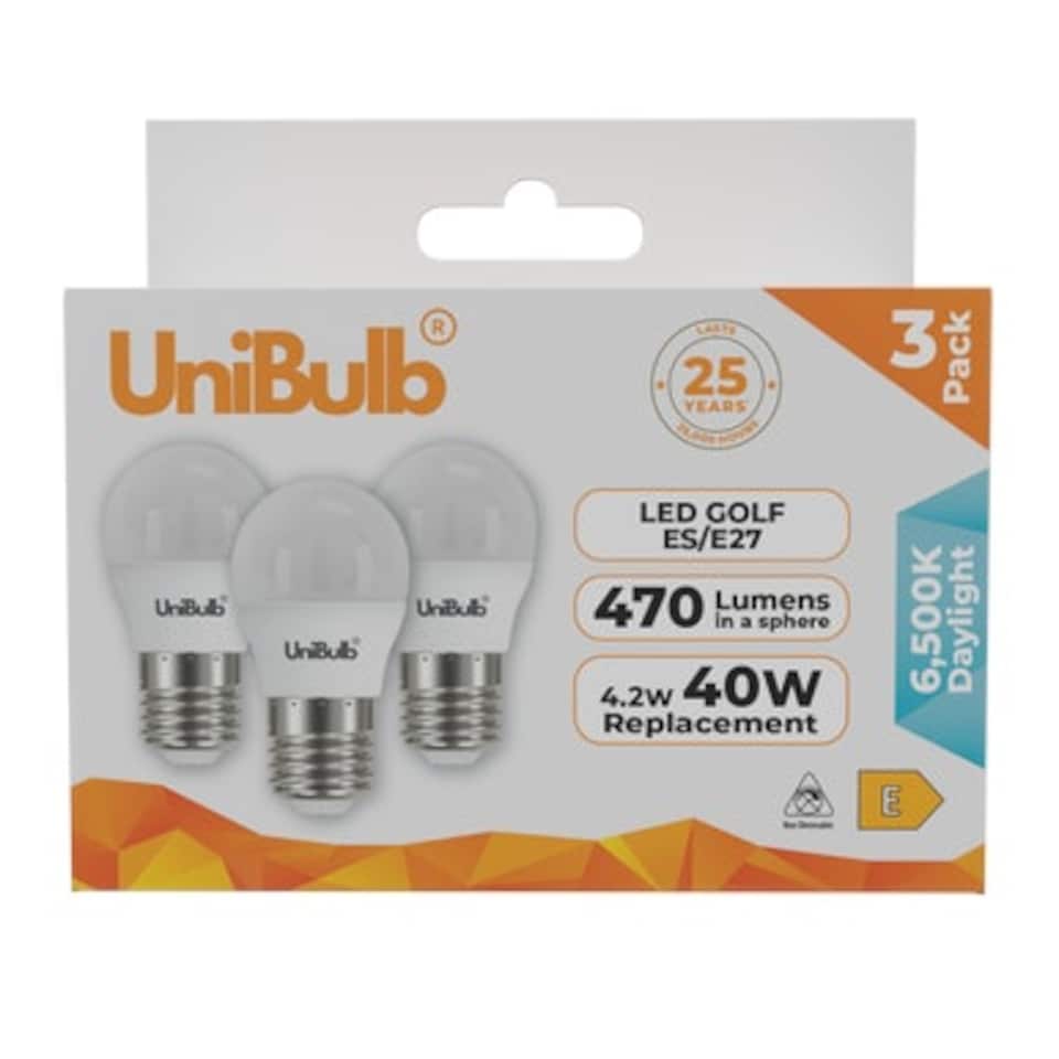 image 1 of UniBulb LED Golf Ball E27 470lm 4.2W 6500K (Daylight) Light Bulb - Pack of 3