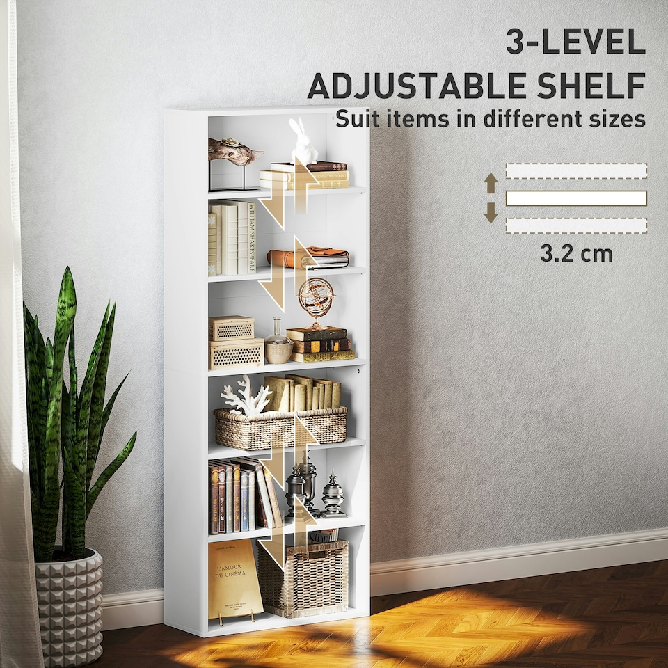 image 1 of HOMCOM 6 Tier Bookshelf, Freestanding Bookcase with Adjustable Shelves, White White