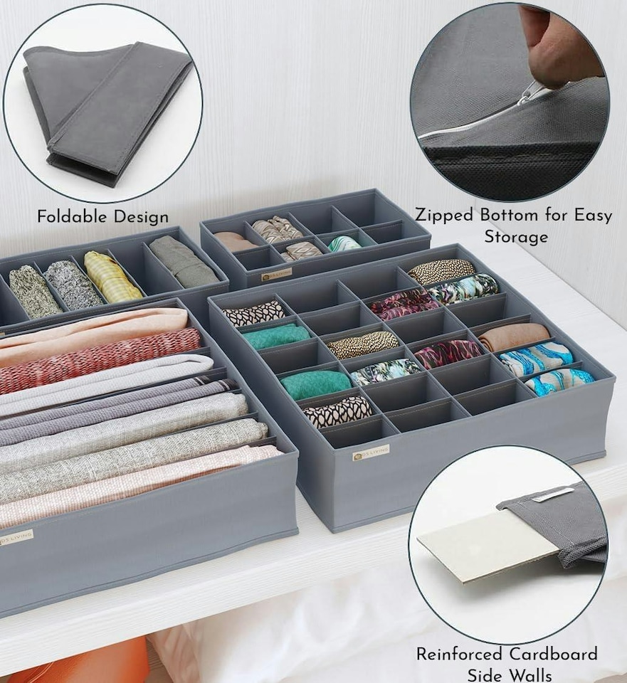 image 1 of Foldable Clothes Drawer Organiser Storage Set of 4 Grey | Grey