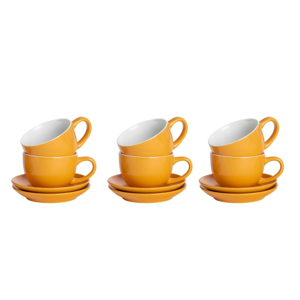 image 1 of Argon Tableware 12pc Coloured Cappuccino Cup & Saucer Set - 250ml - Yellow - Coffee Cup Latte Cup Drinking Cup