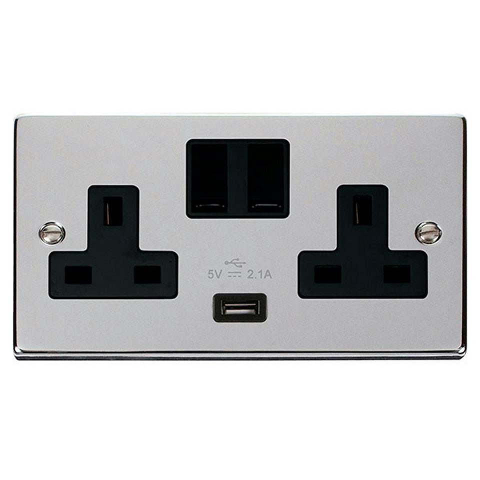 image 1 of SE HOME Polished Chrome 2 Gang 13A 1 USB Twin Double Switched Plug Socket Black | Polished Chrome