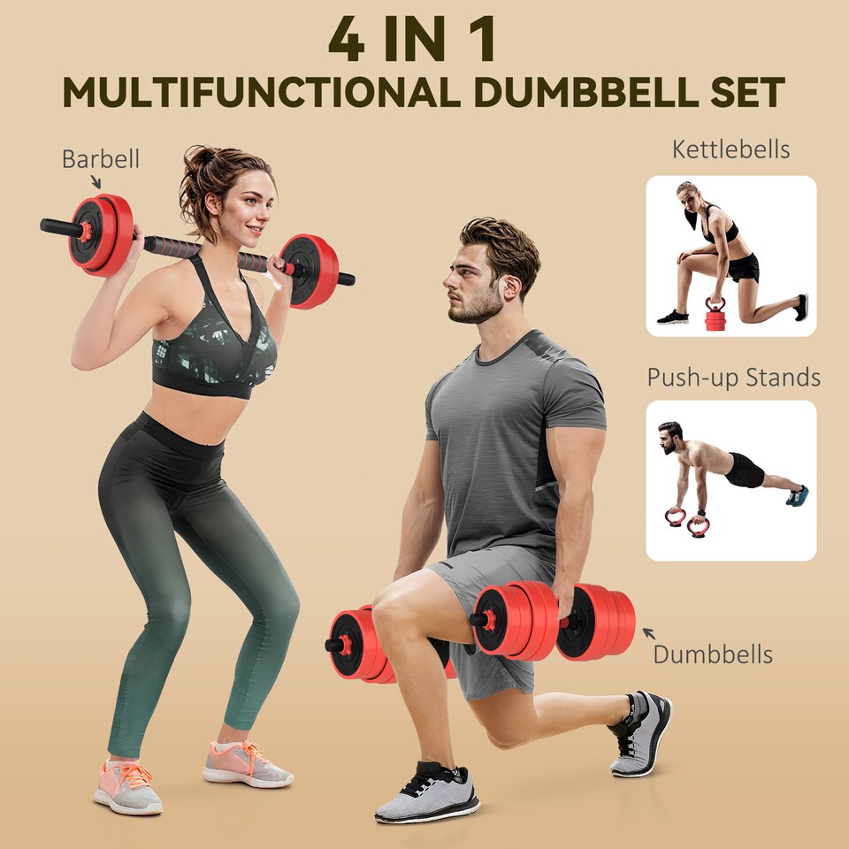 image 1 of SPORTNOW 4-in-1 Adjustable Weight Dumbbells Set, Used as Barbell, Kettlebell, Push up Stand, Free Weights Set for Men and Women Home Gym Training, 30KG, Red