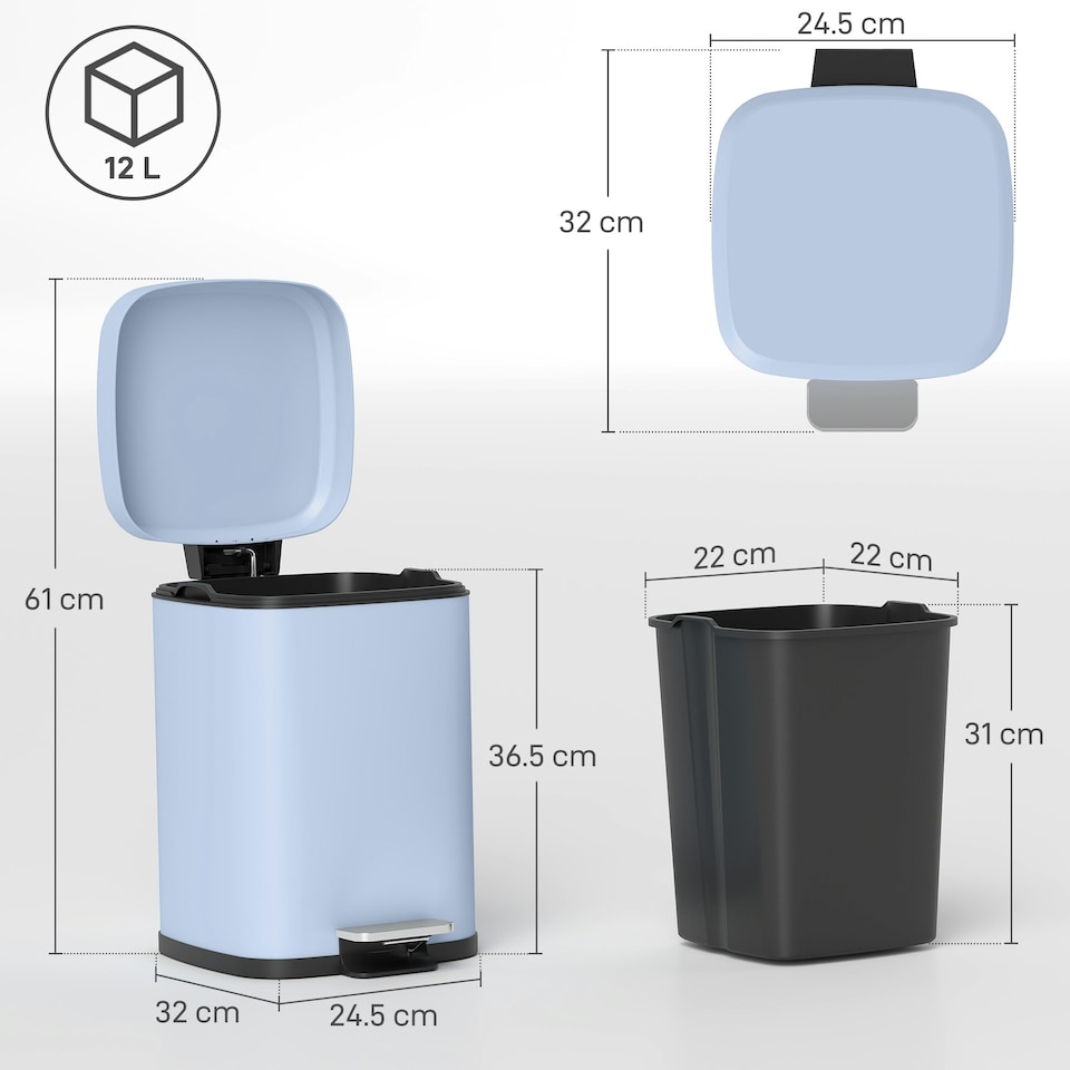 image 1 of HOMCOM 12L Kitchen Pedal Bin, Metal Rubbish Bin with Soft-close Lid Blue | 12L