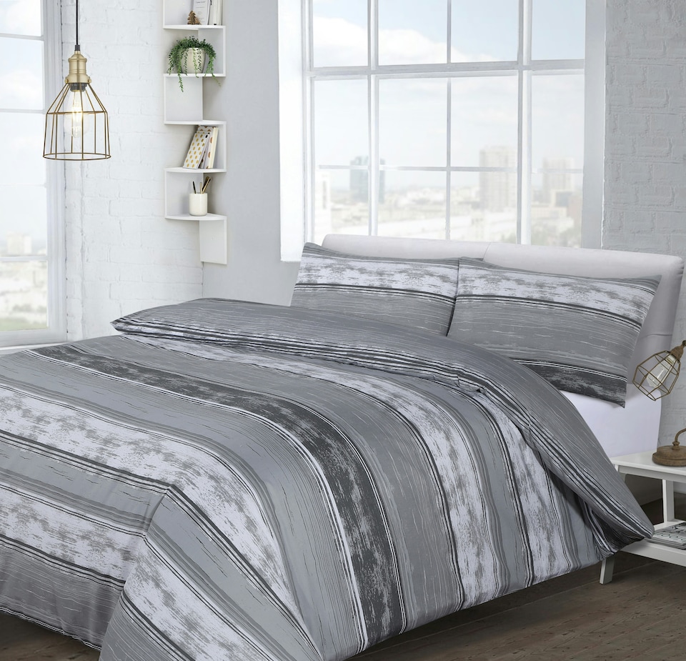 Velosso Brooklyn Stripe Printed Cotton Blend Duvet Cover and Pillowcase Set | Grey | King
