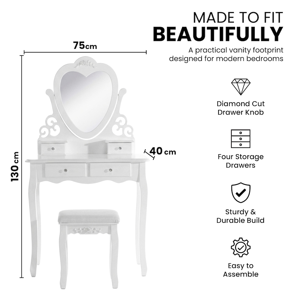 image 1 of Dressing Table with Heart Shaped Mirror and Stool Makeup Vanity Mirror Hollywood Table
