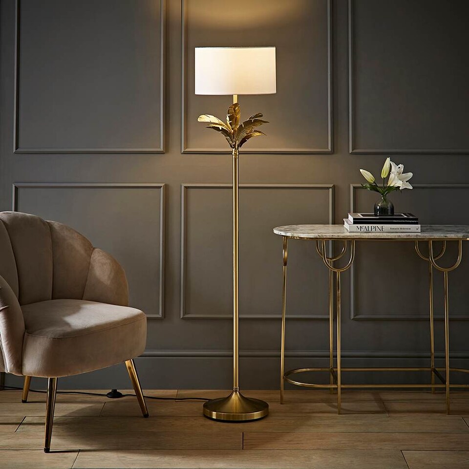 image 1 of ValueLights Christina Gold Palm Leaf Floor Lamp White Shade and Bulb