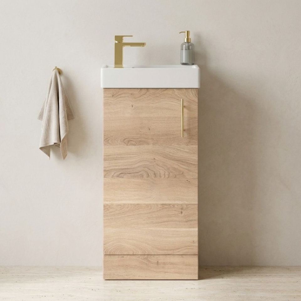 image 1 of Balterley Bathroom Contemporary Floor Standing Vanity Unit Basin & Handle Easy To Install | Brown | Bleached Cuneo Oak