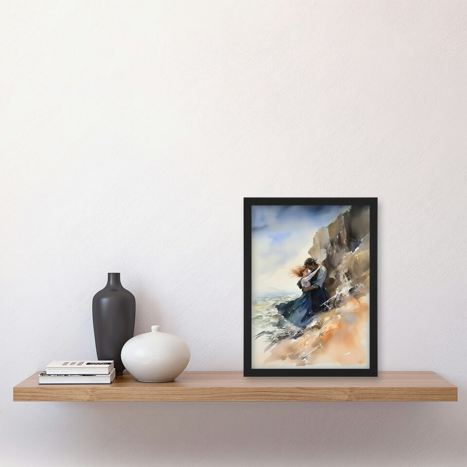 image 1 of Couple Embrace Dramatic Coastal Cliff Home Decor Black Framed Wall Art Print A4