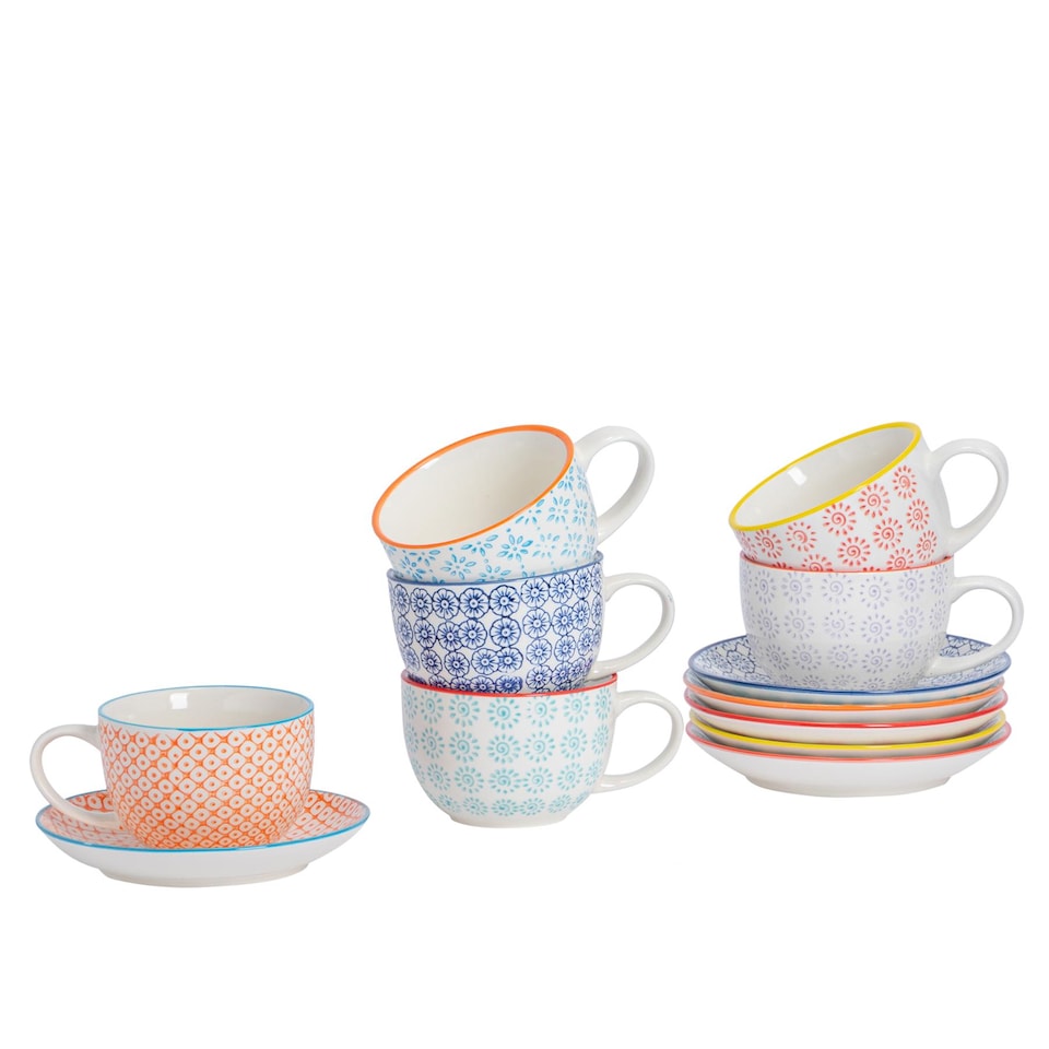 image 1 of Nicola Spring 12 Piece Hand-Printed Cappuccino Cup & Saucer Set - 250ml - 6 Colours