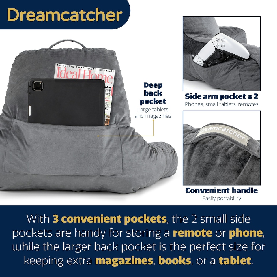 image 1 of Dreamcatcher Grey Reading Pillow Memory Foam Large Bed Cuddle Cushion, Gaming Cushion with Washable Velvet Cover | Grey | Grey | Large | 1