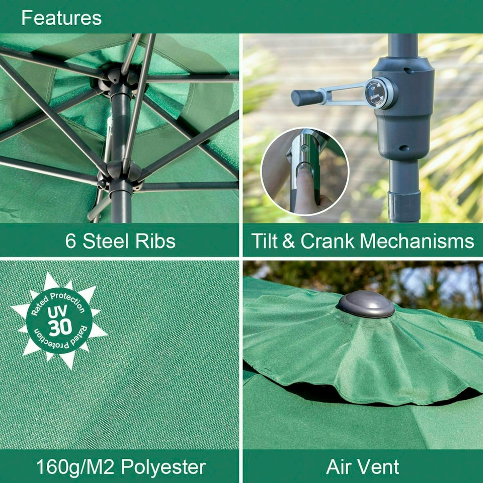 image 1 of GardenKraft 2M Parasol Crank & Tilt 6 Ribs Dark Green | Multi