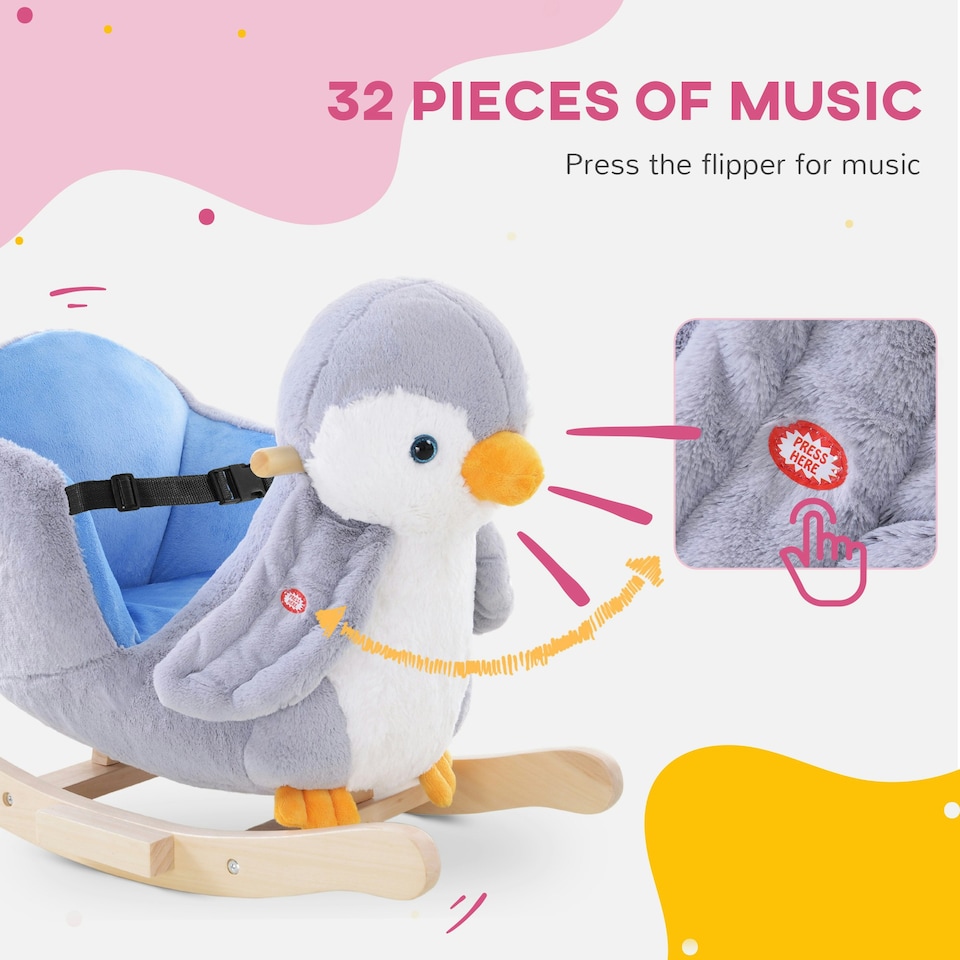 image 1 of HOMCOM Animal Baby Rocking Horse Penguin Plush Musical Button w/32 Songs Wood