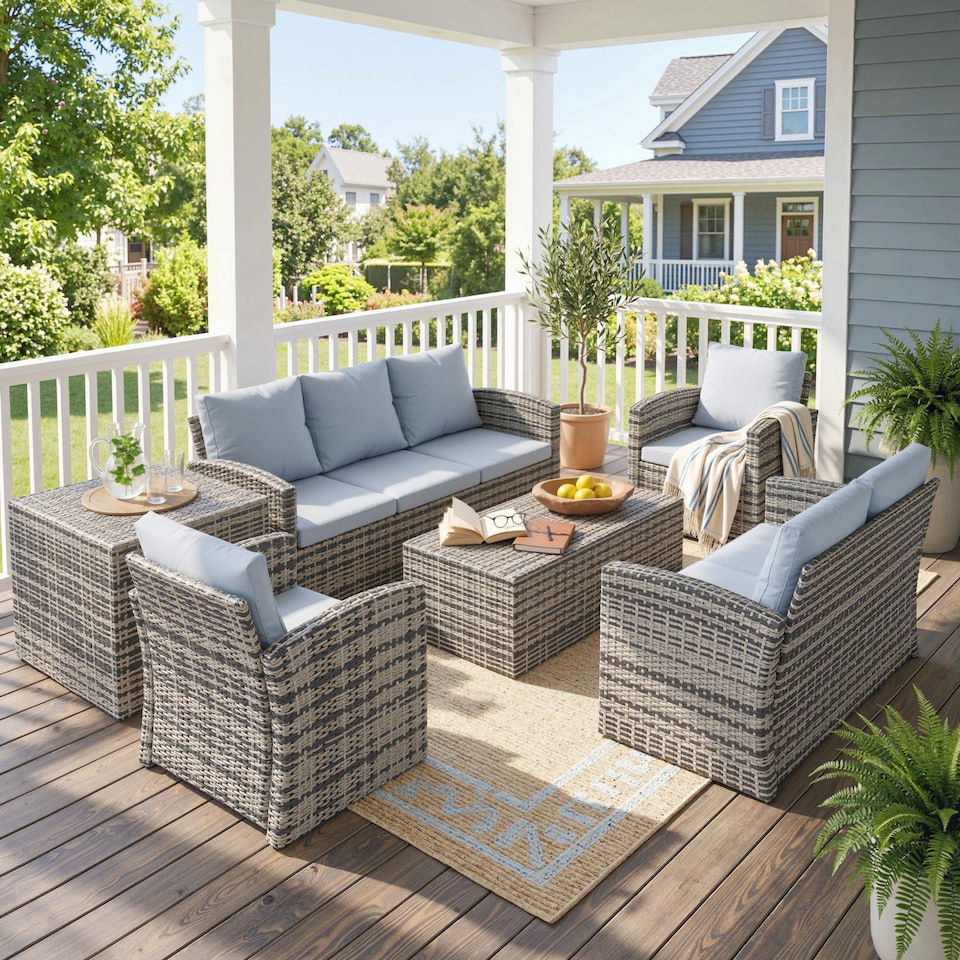 image 1 of Outsunny 6 PCS Patio Rattan Sofa Set Conversation Garden Furniture Grey
