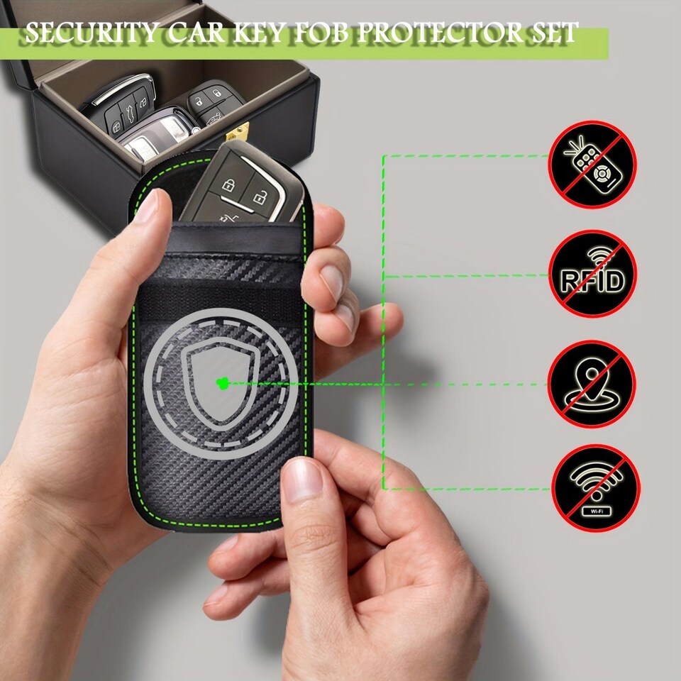 image 1 of Dyzi Faraday Key Box with 2 Signal Blocking Pouches Black Key Fob Protector