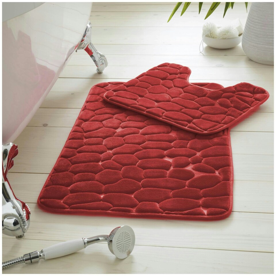 image 1 of VELVETIO 2Pc Pebble Bath Mat Set Memory Foam Bathroom Toilet Rugs Red