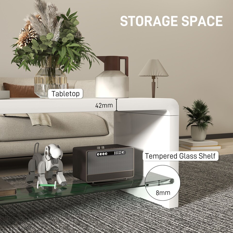 image 1 of HOMCOM High Gloss Coffee Table with Storage, Two-Tier Living Room Table with Glass Shelf, Modern Centre for Home Office, 100 x 45 x 45cm, High Gloss White | Multi