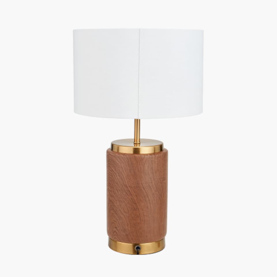 image 1 of Cylinder Wood Effect Ceramic Table Lamp with Shade | Brown | Brown | 1