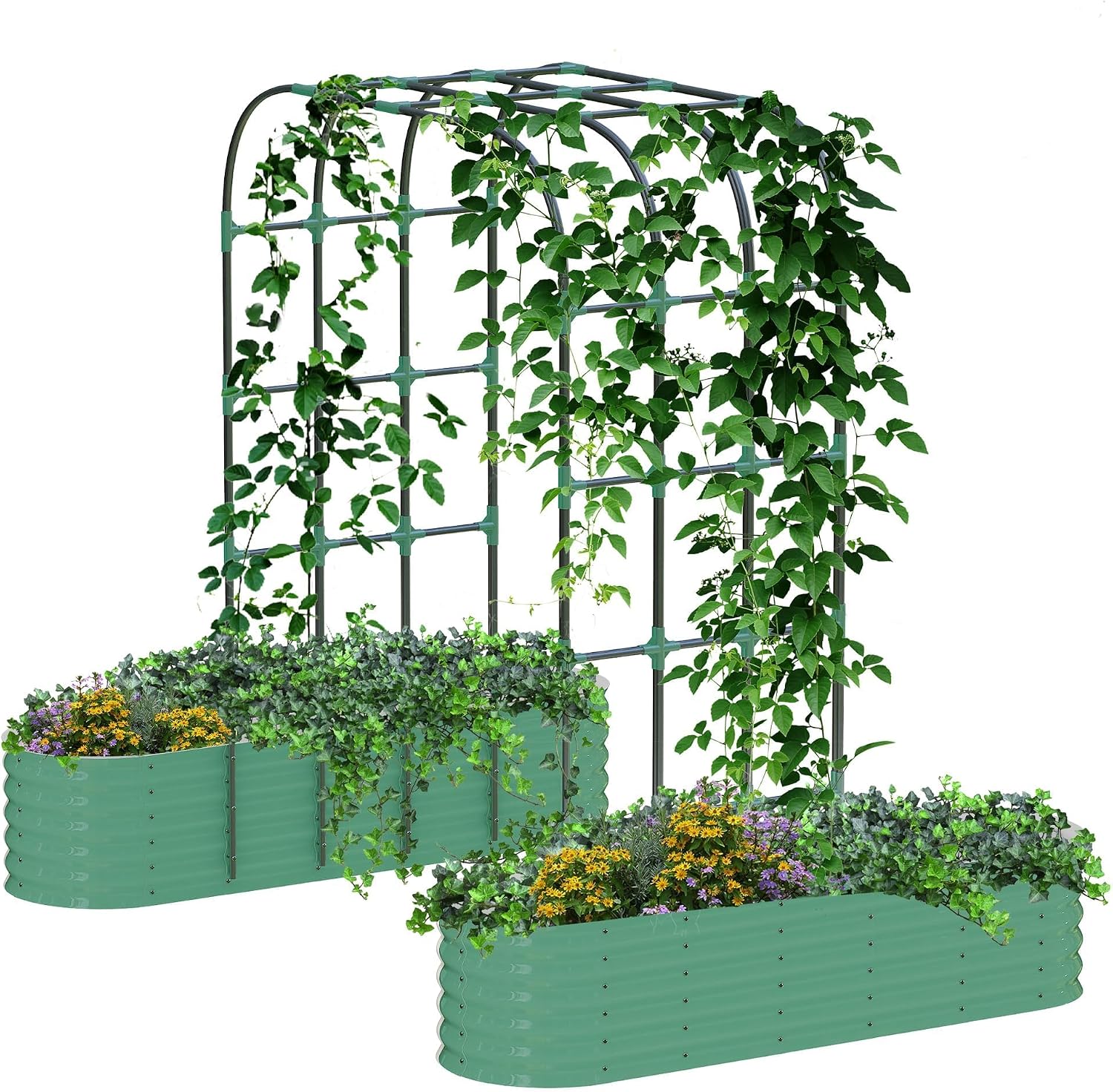London Boutique Raised Garden Bed with Vertical Arch Trellis Galvanized Steel Rust-Resistant Planter Box