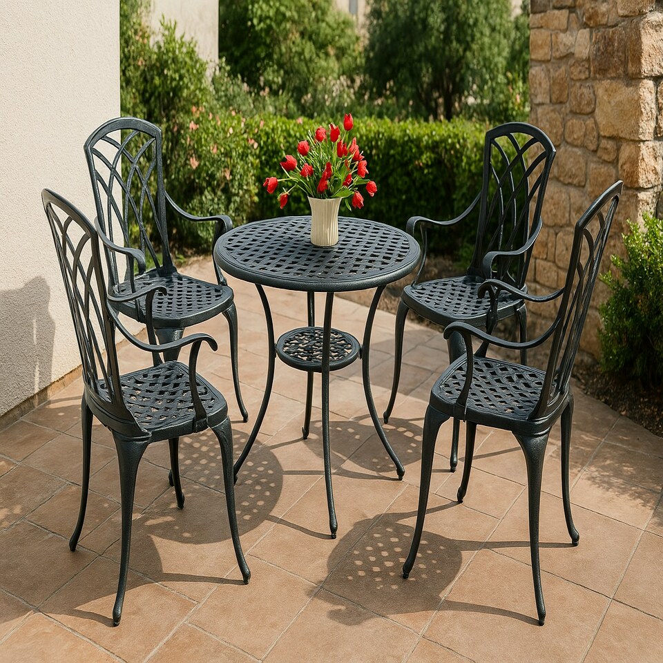image 1 of Centurion Supports OSHOWA Garden and Patio Table and 4 Large Chairs with Armrests Cast Aluminium Bistro Set - Black