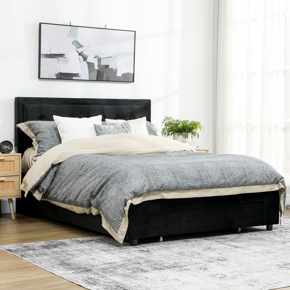 image 1 of HOMCOM King Size Bed Frame with Storage and Adjustable Headboard, Black | Black