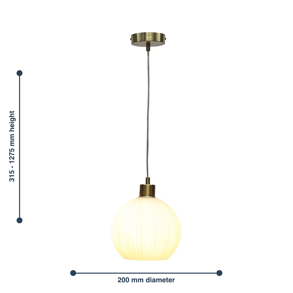 image 1 of Set of 2 Betchley - White Ribbed Glass Globe with Satin Brass Pendants | White | White glass with satin brass plate detail | Small | 2
