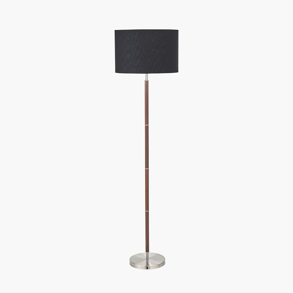 image 1 of Brushed Silver and Wood Effect Floor Lamp Black | Brown