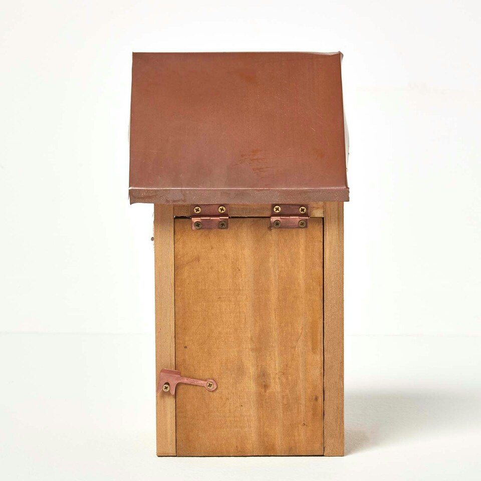 image 1 of Homescapes Wooden Blue Tit Bird Box House with Copper Roof Brown