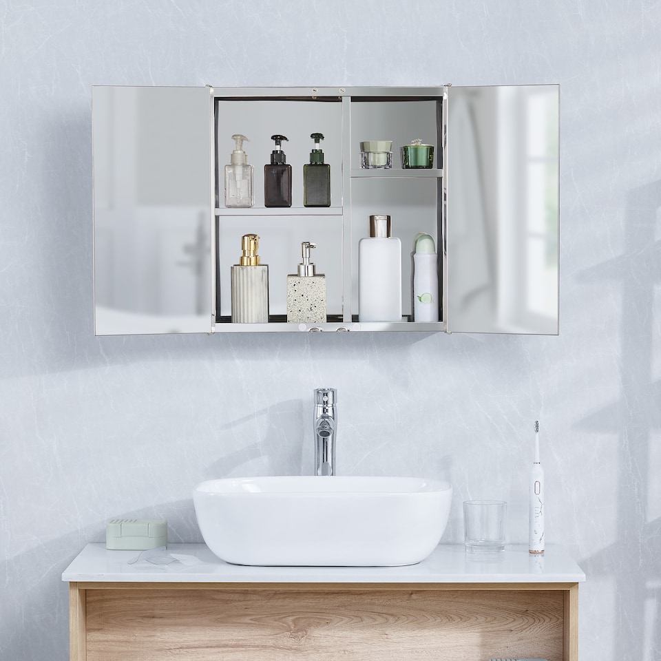 image 1 of Bath Vida Tiano Stainless Steel Mirrored Double Wall Mounted Bathroom Cabinet | Chrome | Stainless Steel | 1