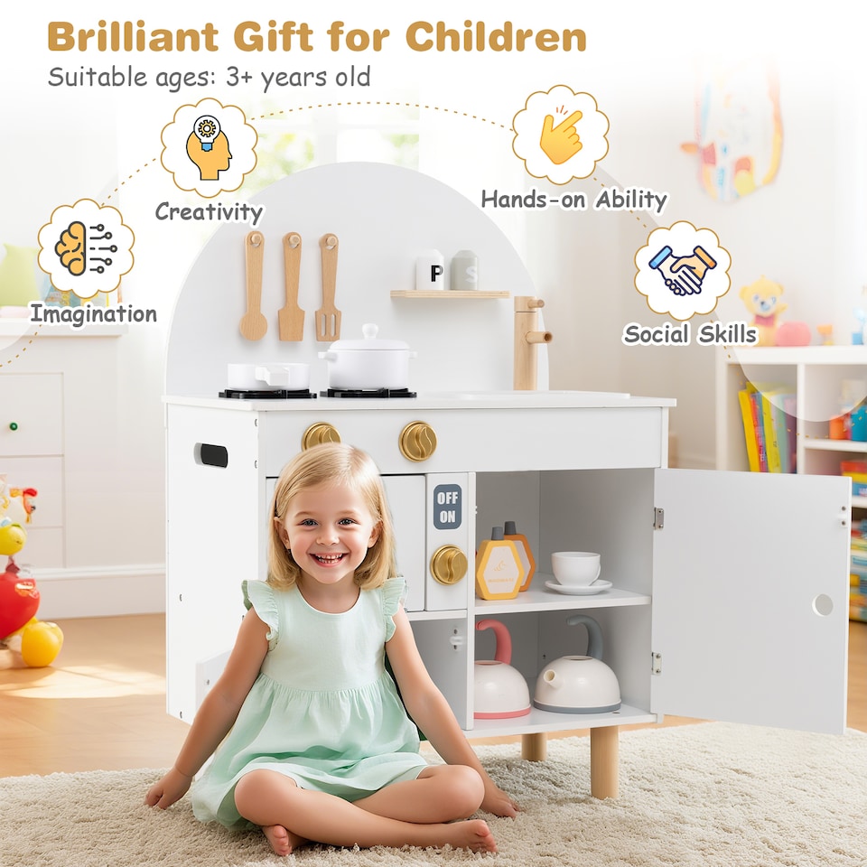 image 1 of COSTWAY Pretend Play Kitchen Wooden Kitchen Playset with Stoves White