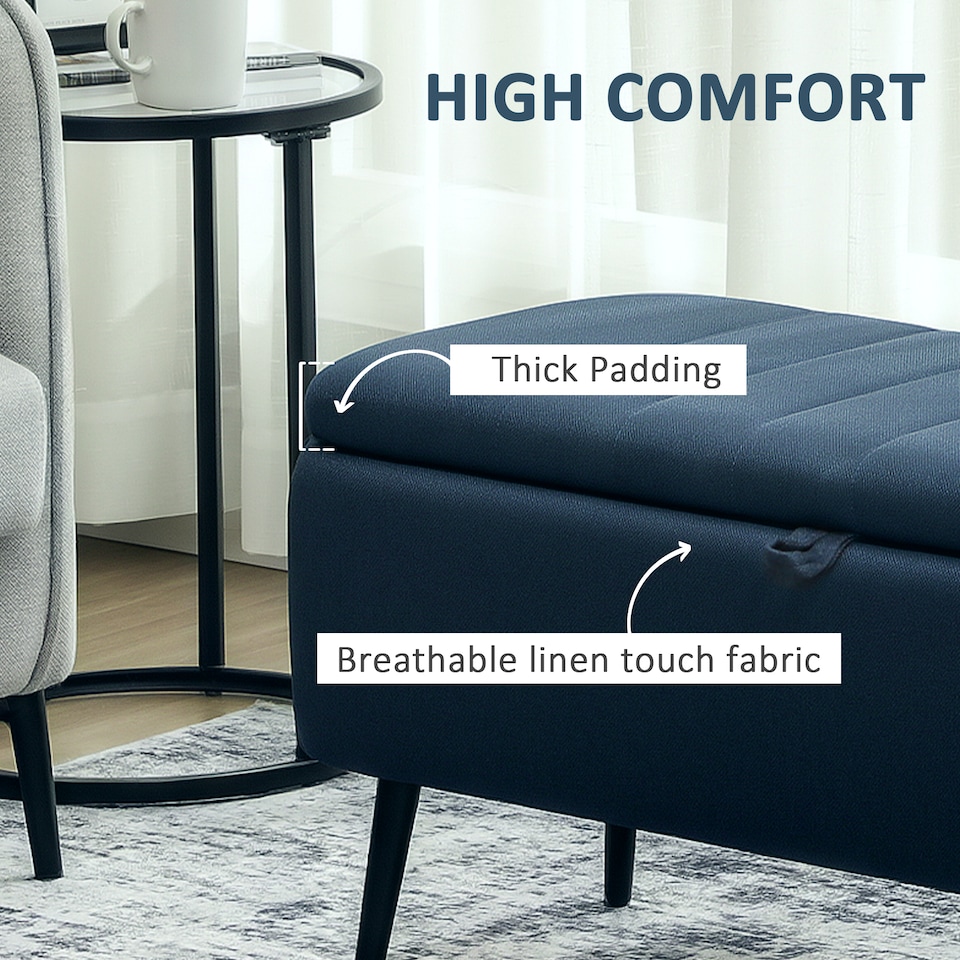 image 1 of HOMCOM Storage Ottoman Bench, Linen Fabric Footstool with Steel Legs Blue