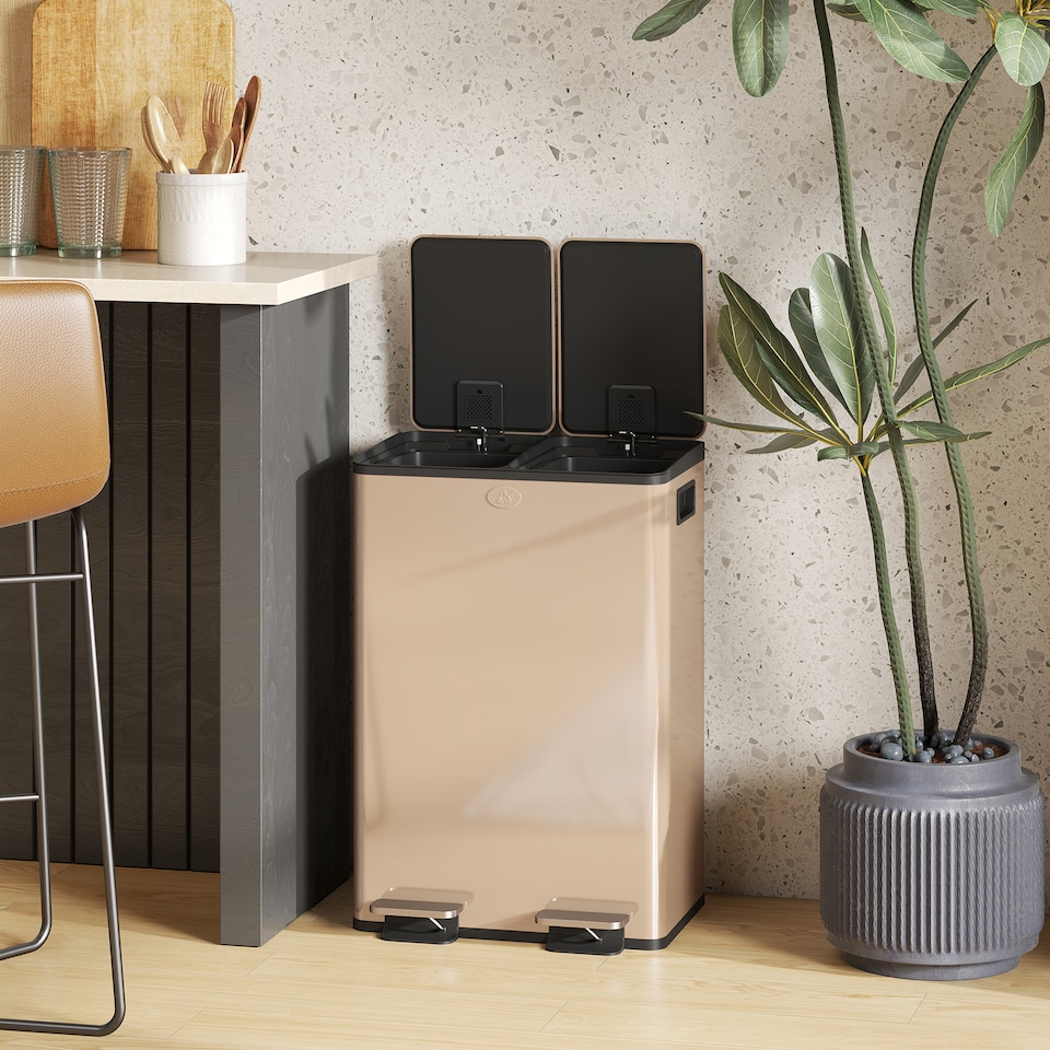 image 1 of HOMCOM Dual Kitchen Bin, 2 x 28L Stainless Steel Double Rubbish Bin with Soft Close Lid, Removable Inner Buckets, Fingerprint-Proof for Recycling and Waste, Gold Tone | Gold | 28L