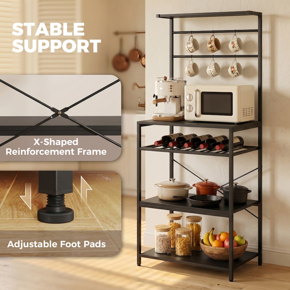 image 1 of HOMCOM Freestanding Shelving Unit with 6 Hooks and Wine Rack