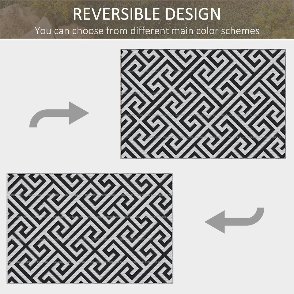 image 1 of Outsunny Reversible Outdoor Rug Plastic Straw RV Camping Mat for Garden Deck Picnic Black | Black and White