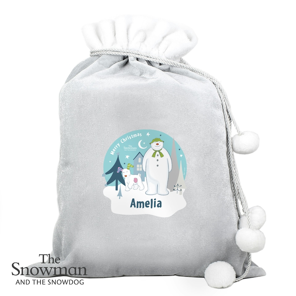 image 1 of Personalised The Snowman and the Snowdog Luxury Silver Grey Pom Pom Sack