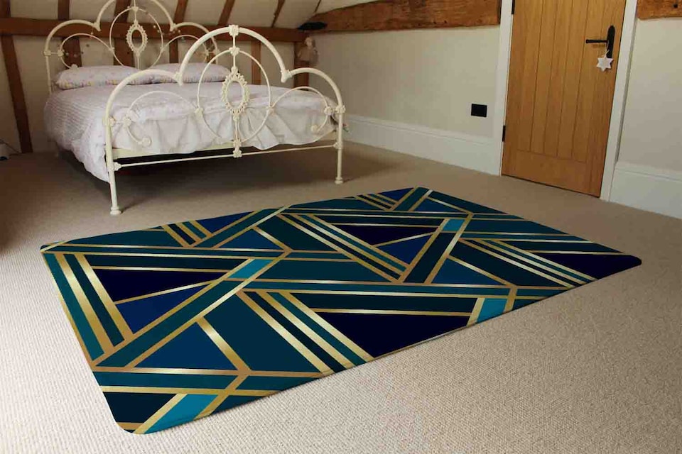image 1 of Gold & Teal Geometric Pattern Rug | Multi