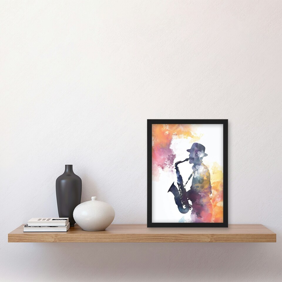 image 1 of Saxophone Jazz Musician Orange Purple Home Decor Black Framed Wall Art Print A4