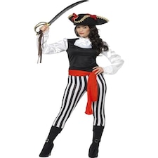Pirate Lady Costume - with Top - Black - Trousers - Attached Boot Covers - Neck Ruffle & Belt - 25561M M