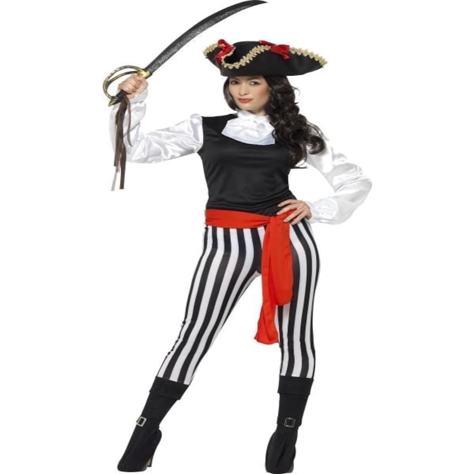 Pirate Lady Costume - with Top - Black - Trousers - Attached Boot Covers - Neck Ruffle & Belt - 25561M M