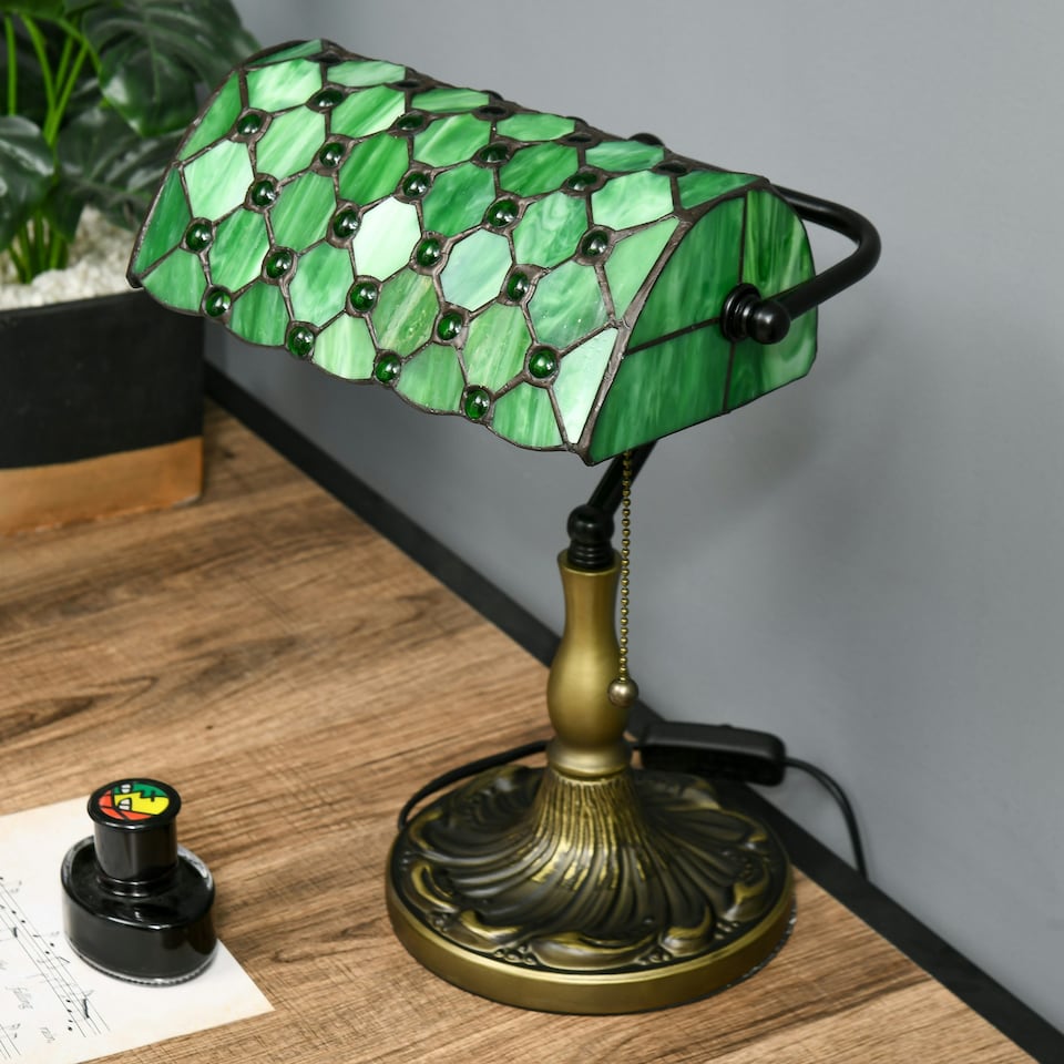 image 1 of HOMCOM Stained Glass Table Lamp, Vintage Lamp with Green Handmade Shade